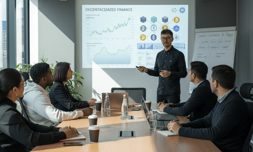 Meetingsraum mit Teilnehmern eines Einführungskurses für Bitcoin